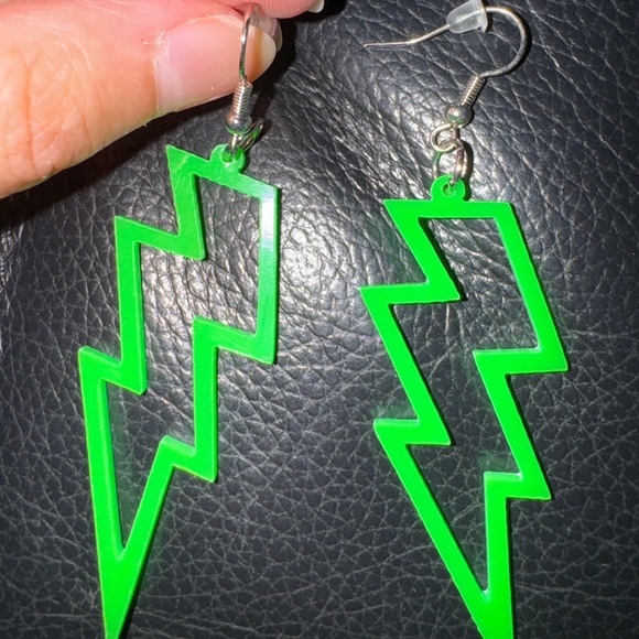 Bold Neon Green Lightning Bolt Statement Earrings - Picture 2 of 3